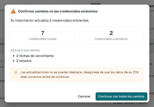 Diálogo de confirmación de cambios con los recuentos y los campos que cambian