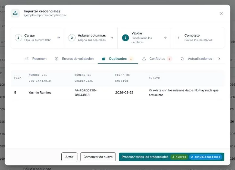 Pestaña Duplicados con una fila que coincide con una credencial existente sin cambios