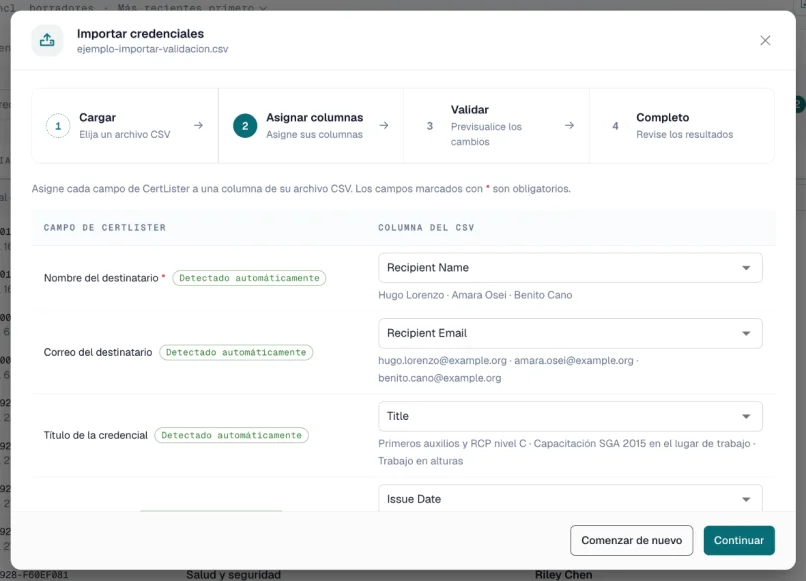 Paso Asignar columnas con cada campo de CertLister y la columna del CSV asignada