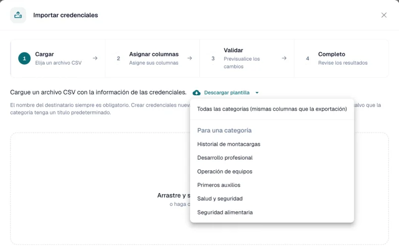 Menú Descargar plantilla abierto con Todas las categorías (mismas columnas que la exportación) primero y luego cada categoría bajo Para una categoría