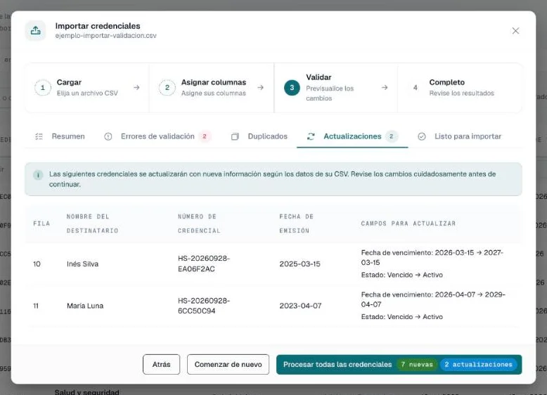 Pestaña Actualizaciones con cada cambio, como una nueva fecha de vencimiento y un estado