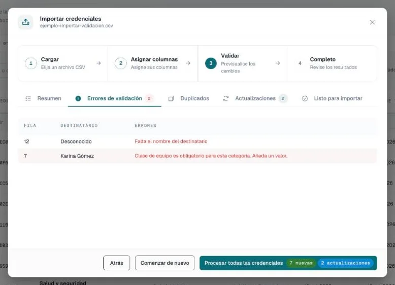 Pestaña Errores de validación con filas sin nombre de destinatario o con una fecha que no se puede leer