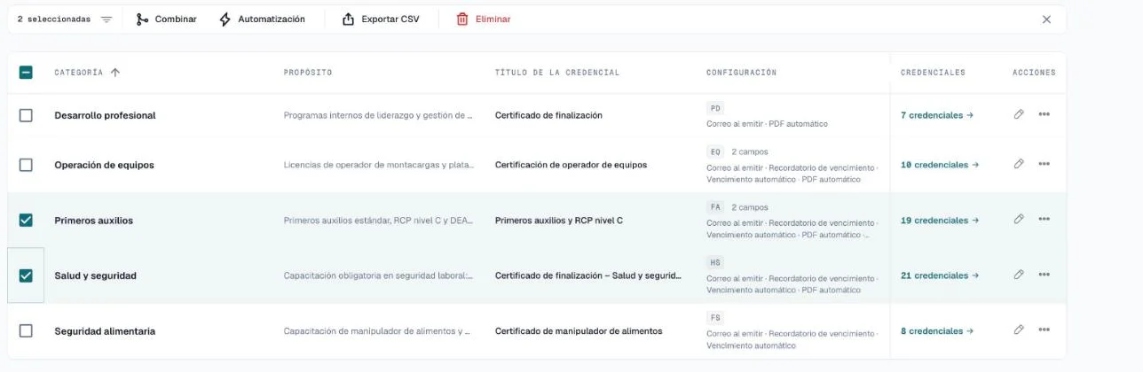 Tabla de categorías con dos filas marcadas y la barra Combinar, Automatización, Exportar CSV y Eliminar