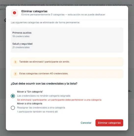 Diálogo Eliminar categorías que pregunta si mover las credenciales a Sin categoría o a otra categoría