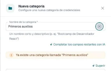 Aviso bajo el nombre de la categoría que indica que ya existe una categoría llamada Primeros auxilios