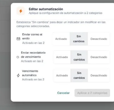 Diálogo Editar automatización con Activado, Sin cambios y Desactivado para cada ajuste