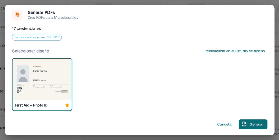 Diálogo Generar PDFs para las 17 credenciales de una categoría, que indica que se reemplazarán 17 PDF, con un diseño elegido