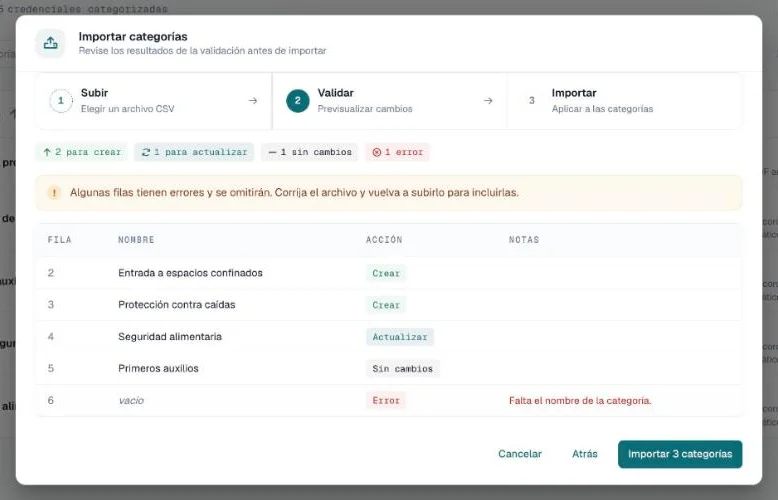 Vista previa de la importación de categorías con filas para crear, actualizar, sin cambios y un error