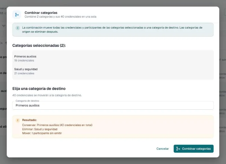 Diálogo Combinar categorías con las categorías elegidas, la categoría de destino y el resumen del resultado