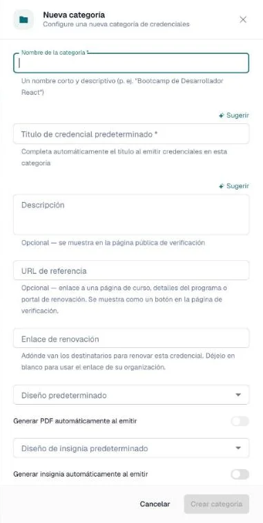 Panel Nueva categoría con el nombre, el título predeterminado, la descripción, los enlaces y los ajustes de diseño