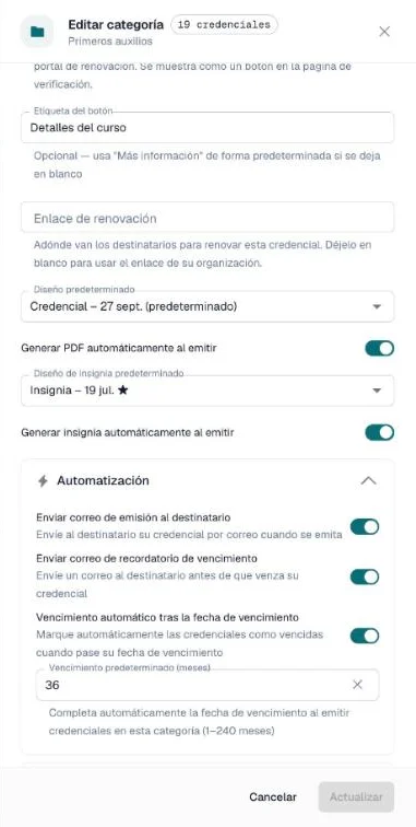 Sección Automatización del panel de categoría con sus tres interruptores y el campo de vencimiento predeterminado
