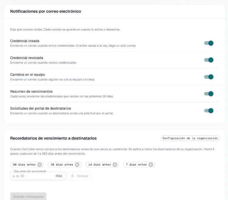 Configuración, Notificaciones con los interruptores de correos, incluido Resumen de vencimientos, y un calendario de recordatorios de 90, 30, 14 y 7 días antes