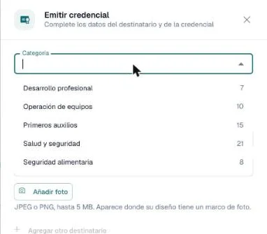 Lista de categorías abierta en el panel Emitir credencial