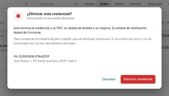 Diálogo Eliminar esta credencial que explica que se eliminan el PDF, la tarjeta de bolsillo y la insignia y que el enlace de verificación deja de funcionar