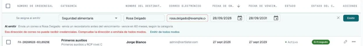 Fila de emisión rápida que advierte que la dirección de correo no puede recibir credenciales
