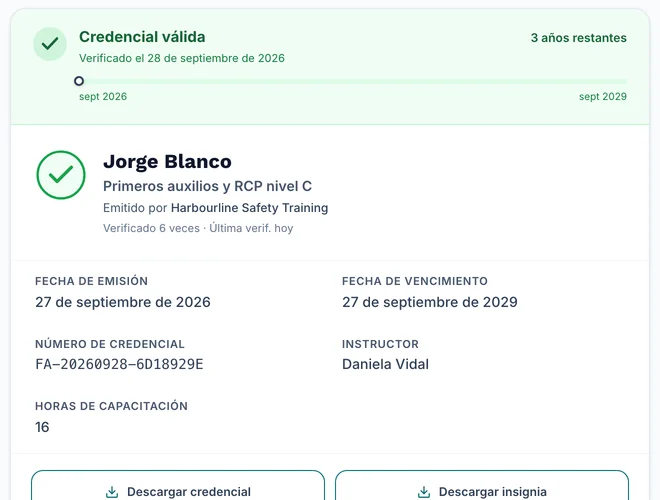 Ficha de resultado de la página de verificación con Instructor y Horas de capacitación junto a las fechas