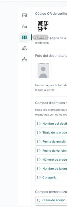 Panel Atributos con el código QR de verificación, la foto del destinatario, los campos dinámicos y los personalizados