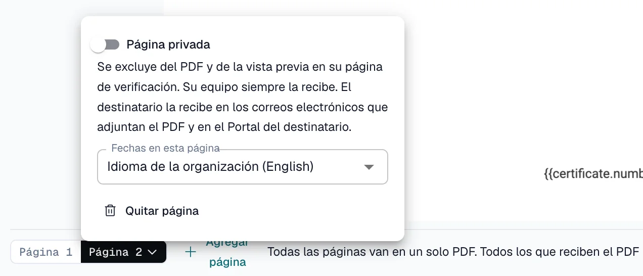 Menú de la página 2 abierto desde la barra inferior, con el interruptor Página privada, Fechas en esta página y Quitar página