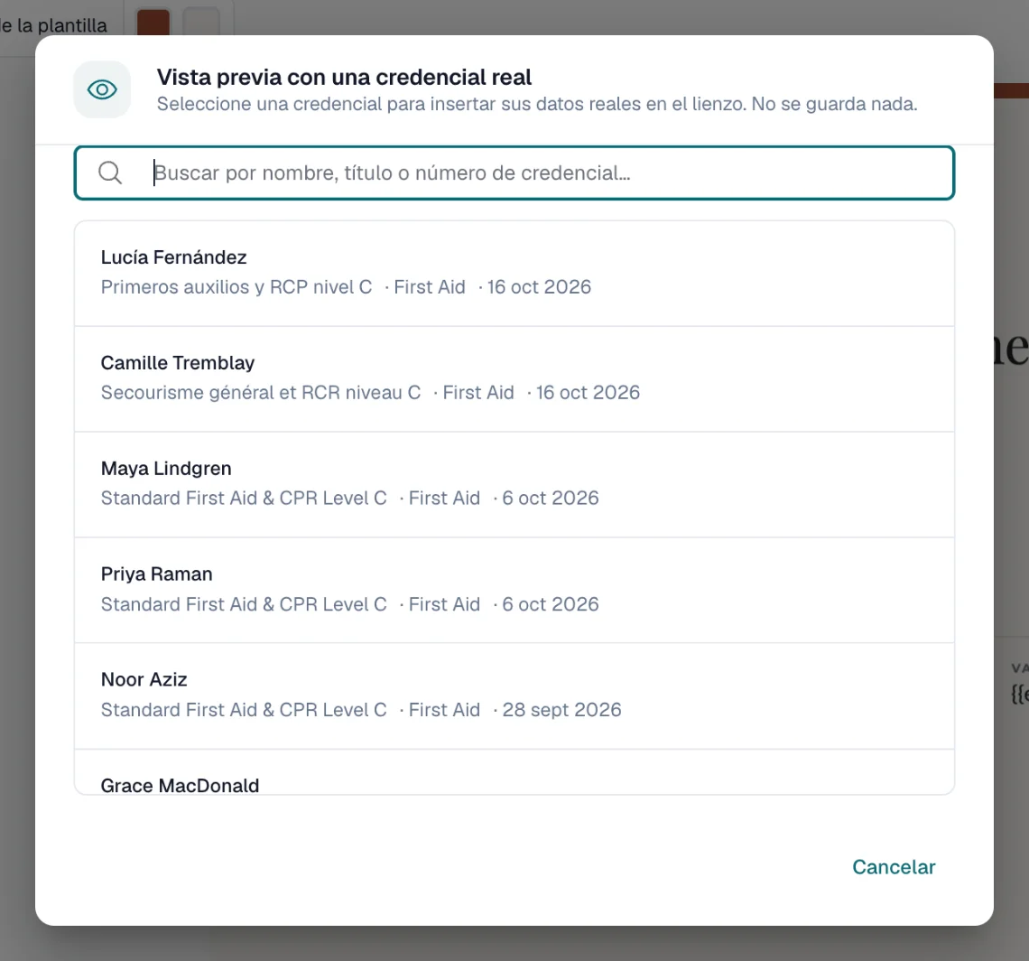 Diálogo Vista previa con una credencial real con un buscador y una lista de credenciales