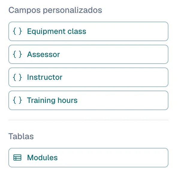 Grupo Tablas al final del panel Atributos, con un campo de tabla llamado Modules