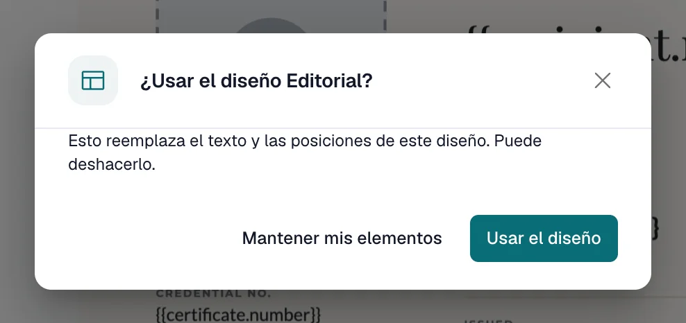 Diálogo Usar el diseño Editorial con los botones Mantener mis elementos y Usar el diseño