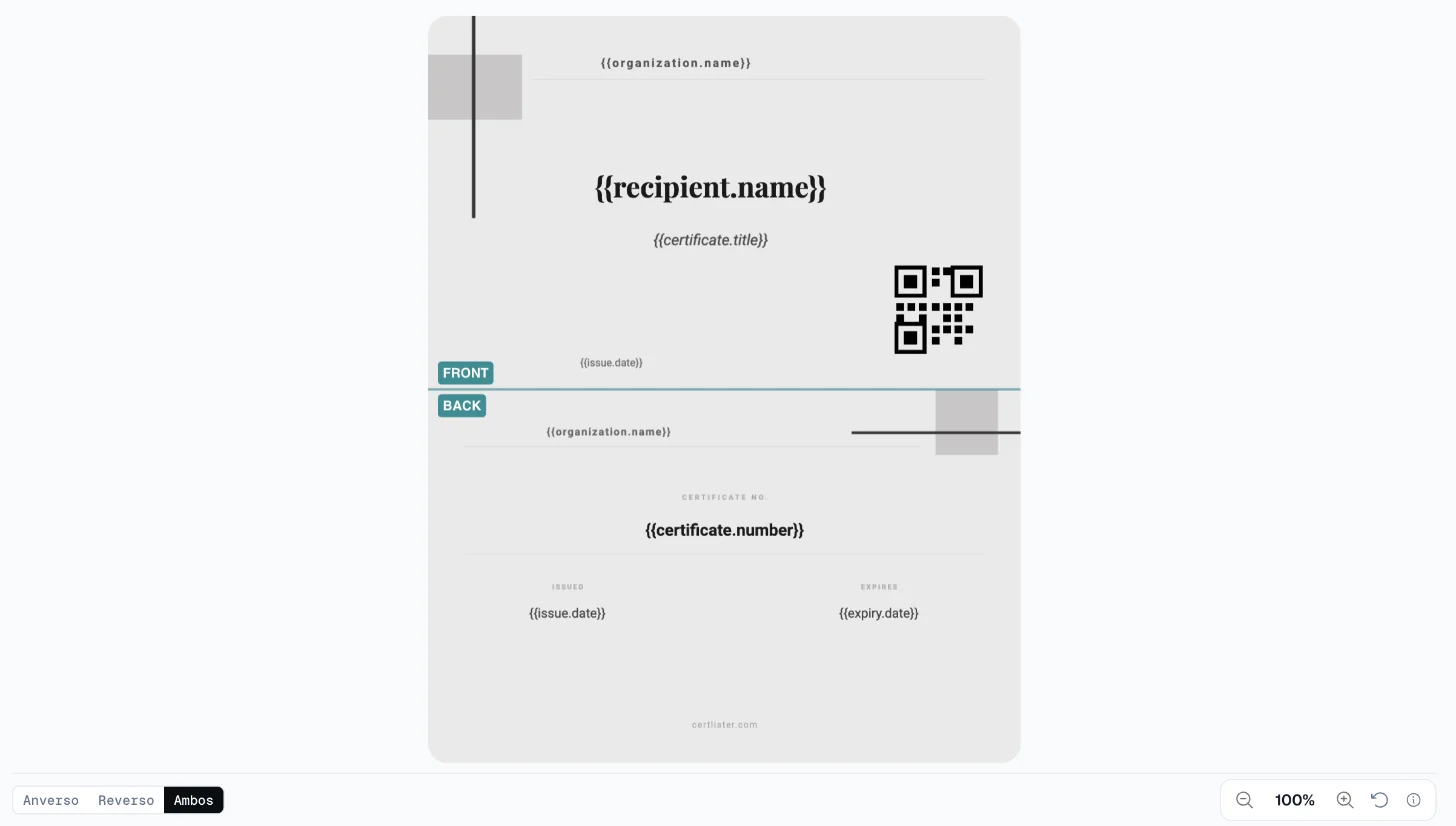Tarjeta de bolsillo en la vista Ambos, con el selector Anverso, Reverso y Ambos a la izquierda de la barra inferior