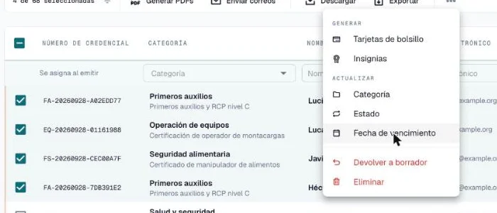 Menú de la barra de selección con Tarjetas de bolsillo e Insignias en Generar