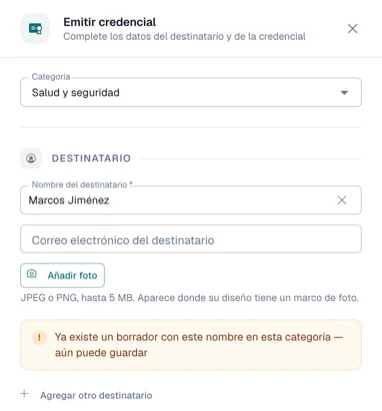 Panel con el aviso de que ya existe un participante con este nombre o correo