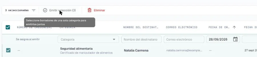 Emitir selección desactivado, con una información emergente que pide borradores de una sola categoría