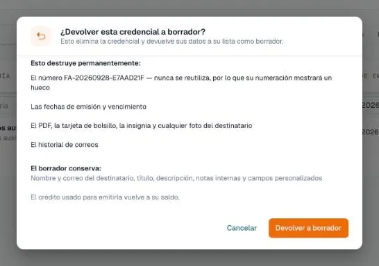 Diálogo Devolver esta credencial a borrador que lista lo que se destruye y lo que conserva el borrador