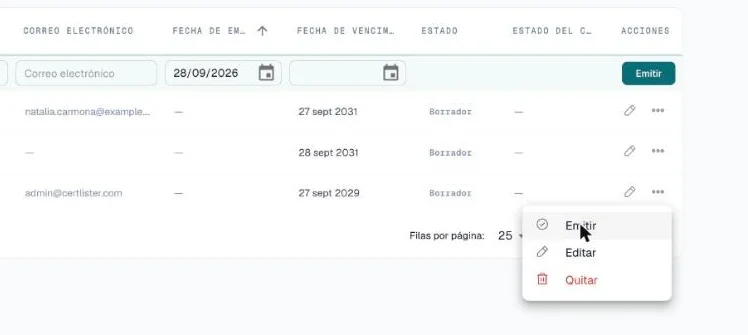 Filas de borrador con el menú abierto: Emitir, Editar y Quitar