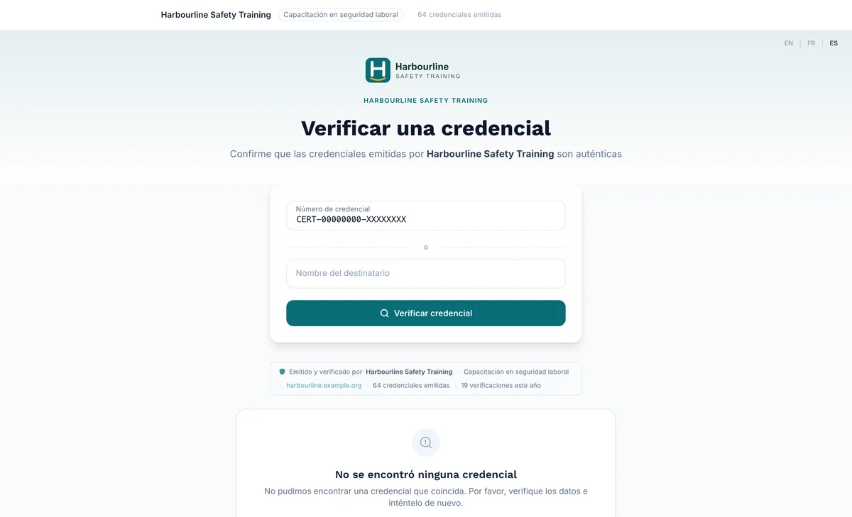Página de verificación que indica que no se encontró ninguna credencial bajo la búsqueda