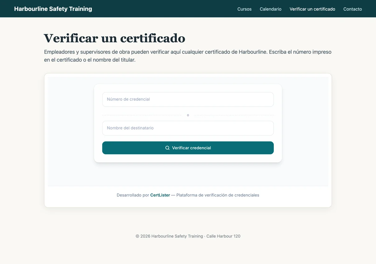 Widget de verificación incrustado en la página Verificar un certificado de un centro de formación