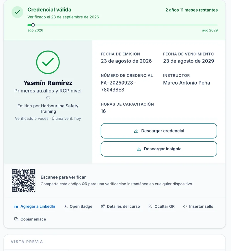 Un resultado de verificación marcado como válido, con el destinatario, el título de la credencial y sus fechas de emisión y vencimiento