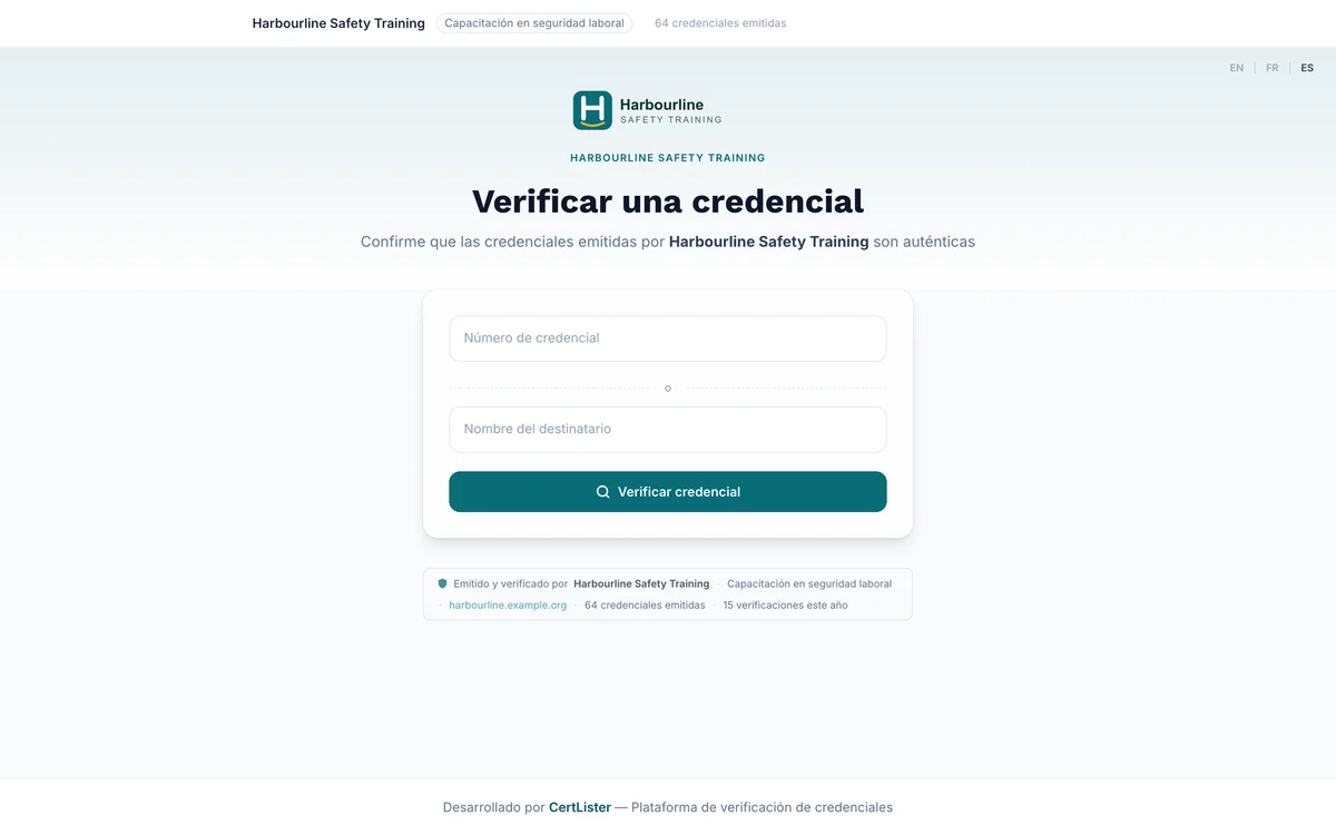 Una página de verificación de CertLister con búsqueda por número de credencial o por nombre del destinatario