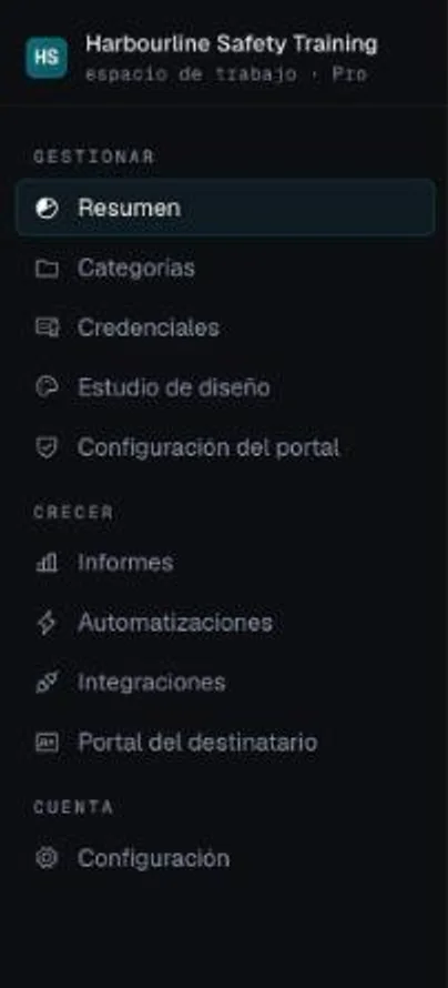 Barra lateral de CertLister con los grupos Gestionar, Crecer y Cuenta