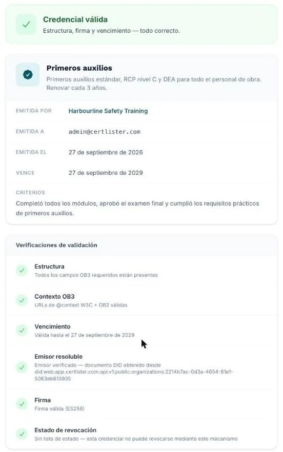 Resultado del validador: credencial válida y cada comprobación superada
