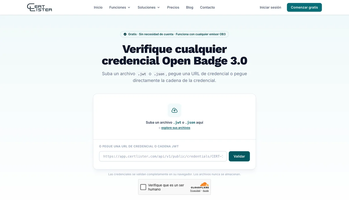 Validador OB3 de CertLister con una zona para soltar un archivo .jwt o .json y un campo para pegar una URL o un JWT