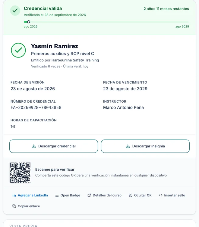 Ficha de resultado de la página de verificación con el enlace Open Badge al pie, junto a Agregar a LinkedIn