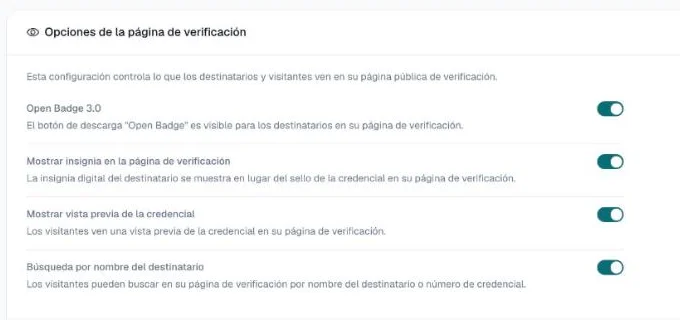 Opciones de la página de verificación con el interruptor Open Badge 3.0 activado