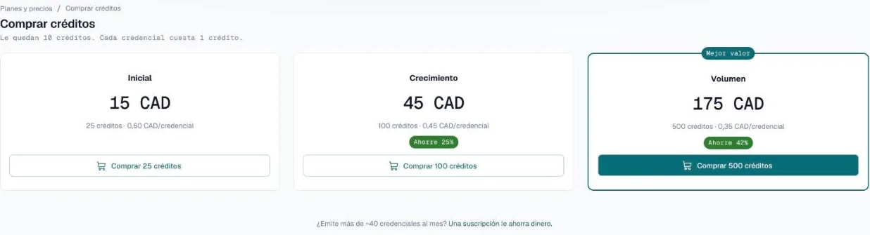 Página Comprar créditos con los paquetes Inicial, Crecimiento y Volumen