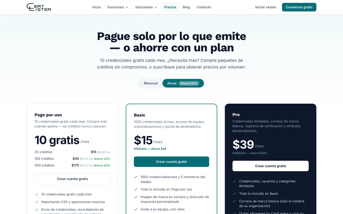 Página de precios con los planes Pay As You Go, Basic y Pro