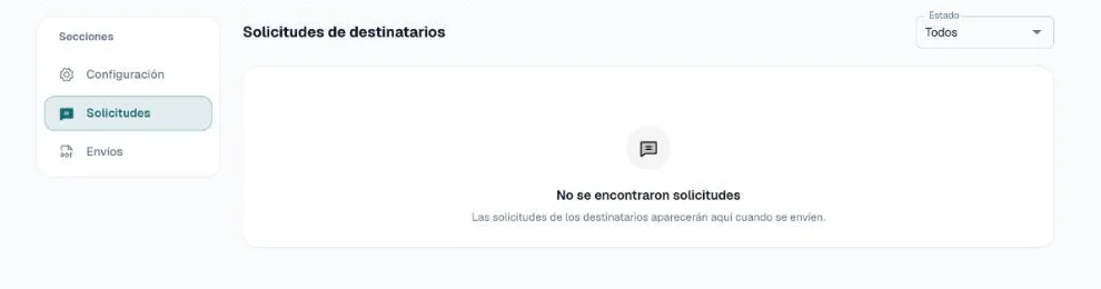 Pestaña Solicitudes de la página Portal del destinatario, con un filtro de estado y sin solicitudes todavía