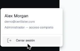 Menú de usuario con el nombre, el correo, el rol y Cerrar sesión