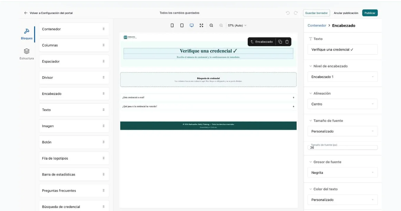 Editor con un bloque Encabezado seleccionado y sus ajustes — texto, nivel, alineación, tamaño y color — en el panel derecho