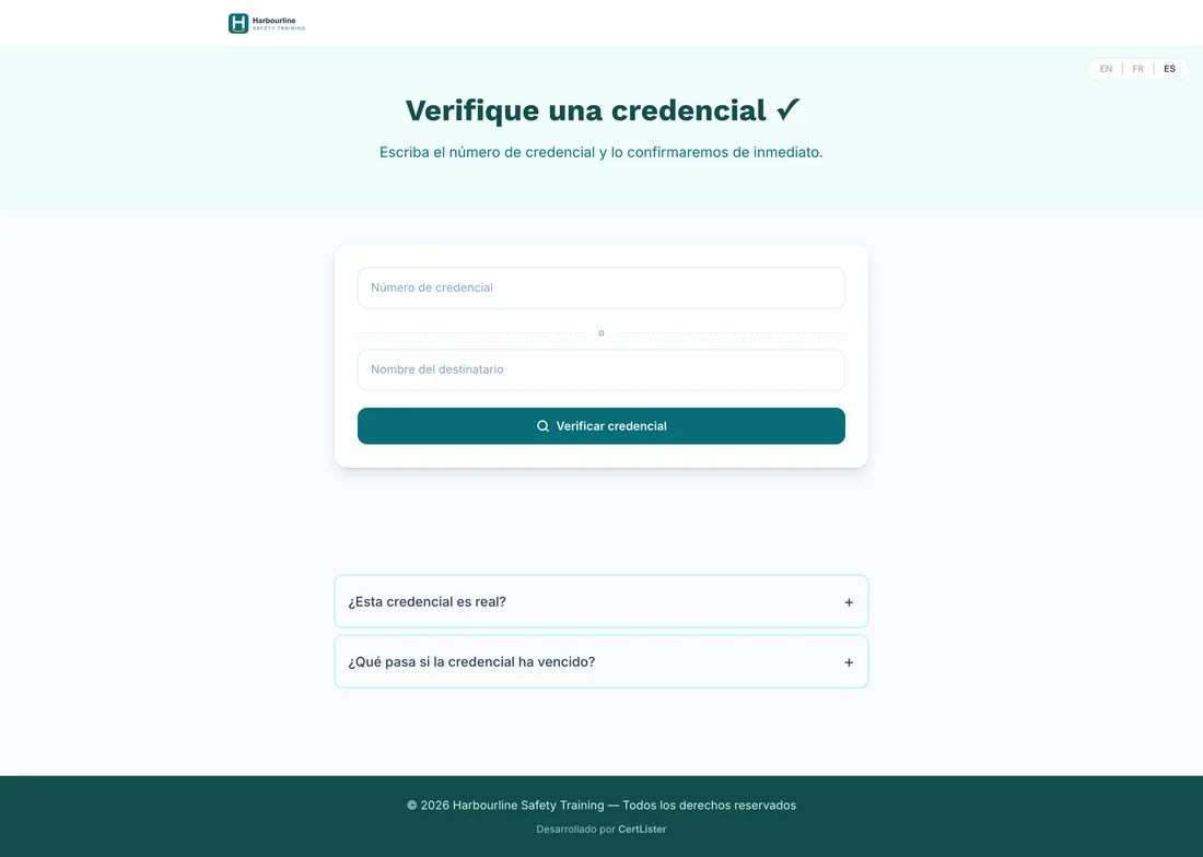 Página de verificación en vivo creada con una plantilla, con un encabezado, la búsqueda y preguntas frecuentes