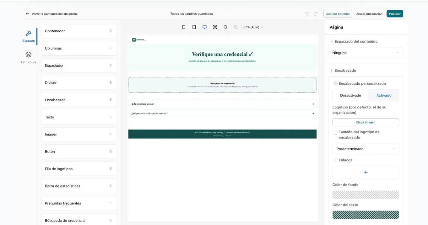 Ajustes de la página con el espaciado del contenido, el encabezado personalizado, el logotipo, su tamaño, los enlaces y los colores
