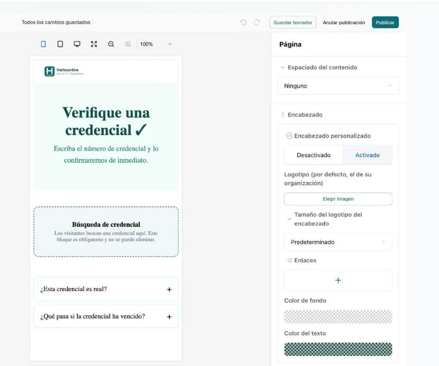Editor en vista de teléfono con la página al ancho de un teléfono