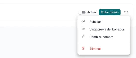 Menú de un diseño en Página de verificación, Diseñador, con Publicar, Vista previa, Cambiar nombre y Eliminar