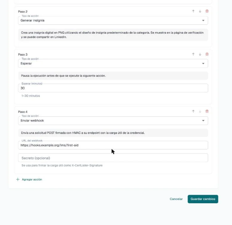 Automatización de cuatro pasos: Generar PDF, Generar insignia, Esperar 30 minutos y Enviar webhook con su URL y secreto